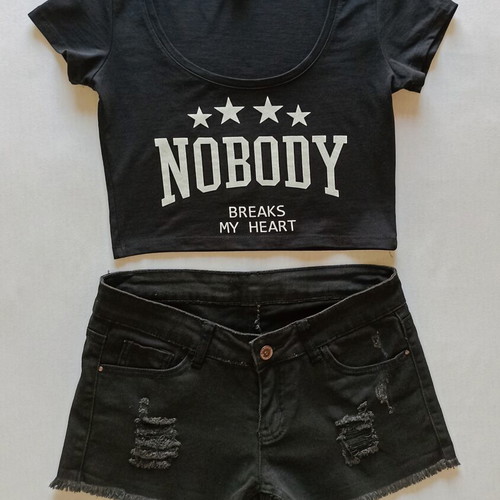 Pink Woman black denim shorts size S like new with Bershka crop top