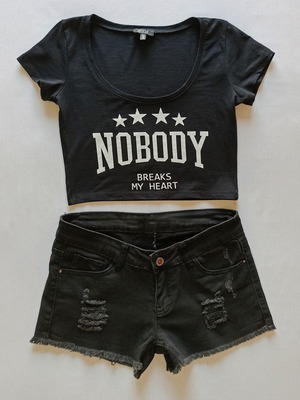 Pink Woman black denim shorts size S like new with Bershka crop top