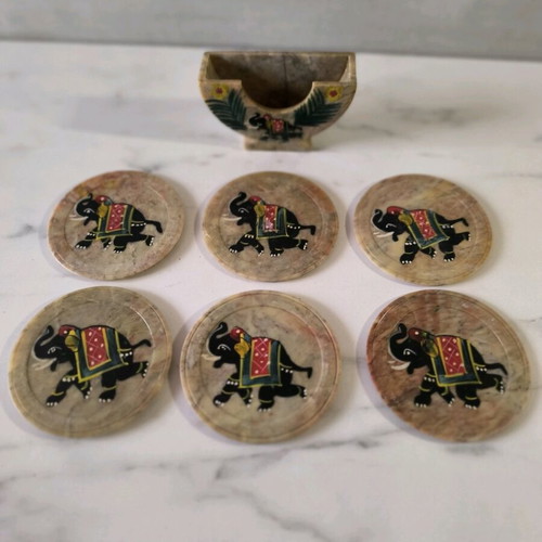 Marble coasters used with elephant painting from India