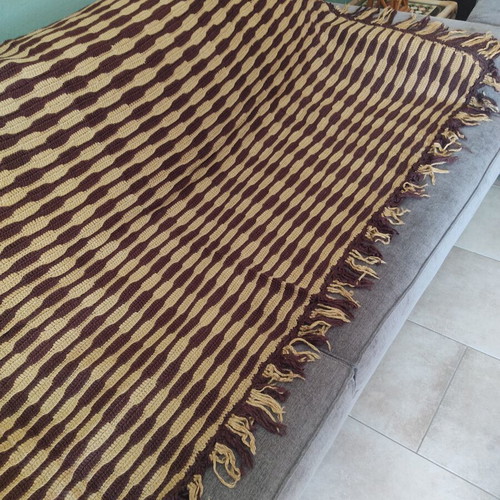 Vintage knitted bed cover with fringes used, wool, 210x120 cm