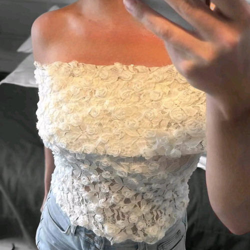 Blouse with 3D floral design and off-shoulder, new, size L