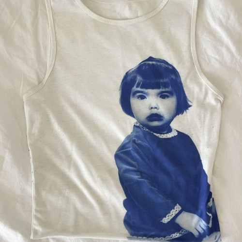 Vintage graphic tank top, white with blue girl print, size S