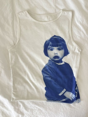 Vintage graphic tank top, white with blue girl print, size S