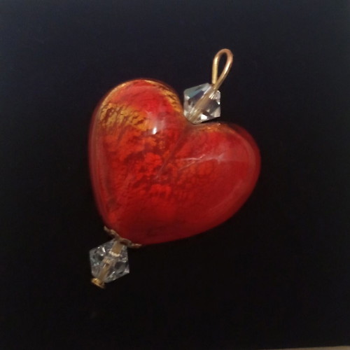 Murano glass red heart pendant with Swarovski crystals, gold fleck