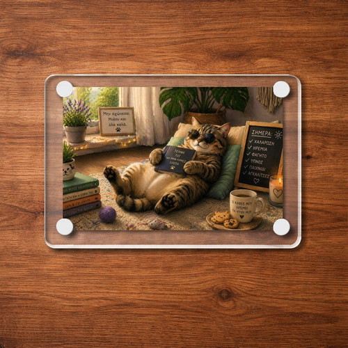 Acrylic fridge magnet "Μην αγχώνεσαι" Relax Cat Mood new