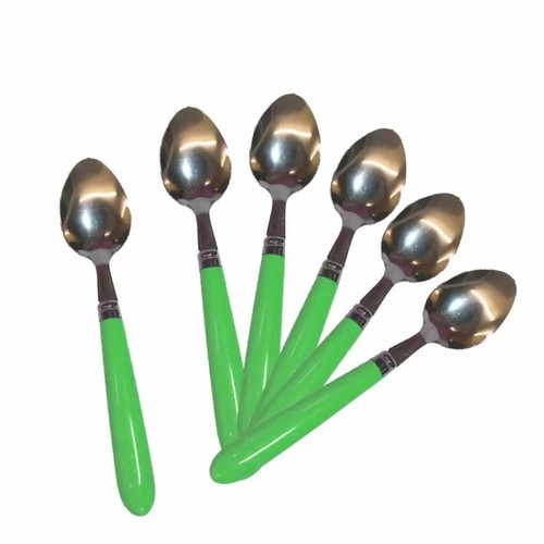 Metal spoons 15.5cm green with plastic handle set of 6