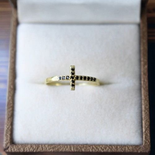 Cross ring new silver 925 with black zirconia stones