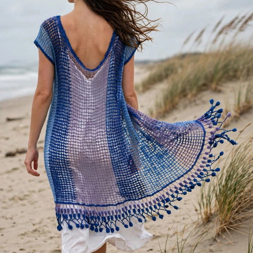 Handmade summer dress with net, blue and lilac shades, Vanas Woven Waves
