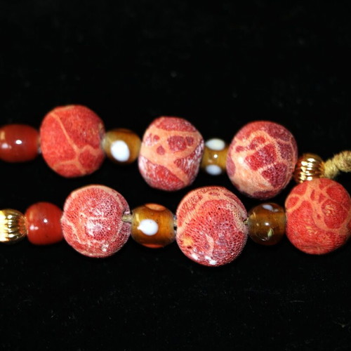 Begleri with genuine coral and 22K gold-plated beads, handmade by Indico Jewells