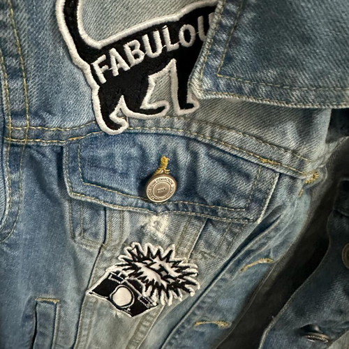 Pink Woman denim jacket like new, blue with modern rips and designs