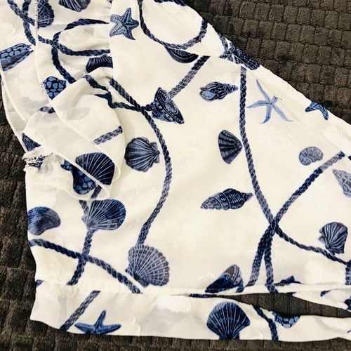 One-shoulder blouse with waist tie Medium like new, white and blue