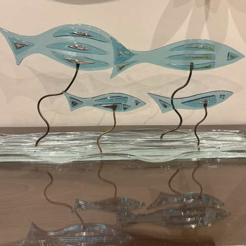 Handmade large glass and brass sculpture with fish design