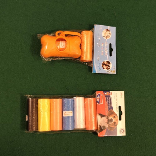 Dog poop bag dispenser set with refill rolls, orange and multicolor