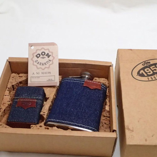 Don Ramos 1950 Founded Lighter and Hip Flask with Denim Wrap and Case new