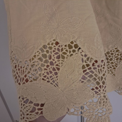 Boho Mustard Blouse with Embroidered Butterflies and Lace, Like New