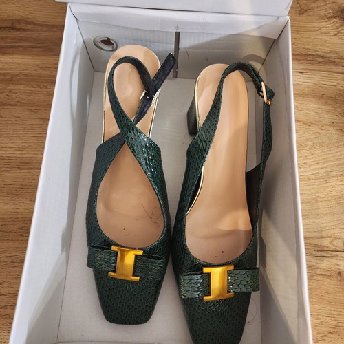 Square Toe Embossed Slingback Block Heel Pumps, Green, Size 40