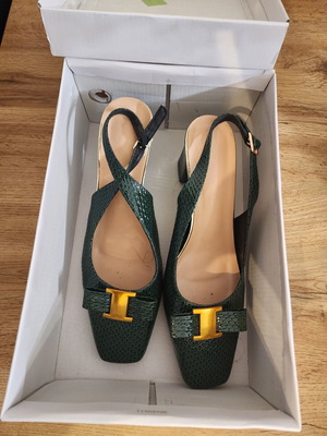 Square Toe Embossed Slingback Block Heel Pumps, Green, Size 40