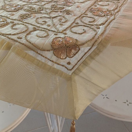 Indian Hand-Embroidered Table Cover 100x100 cm new, organza with gold embroidery