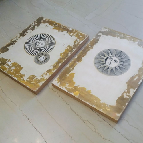 Fornasetti art prints with gold leaf on solid wood like new