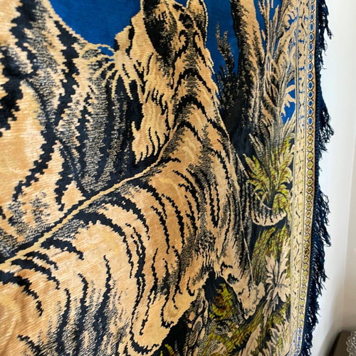 Large vintage tapestry with tigers and elephants on blue background like new