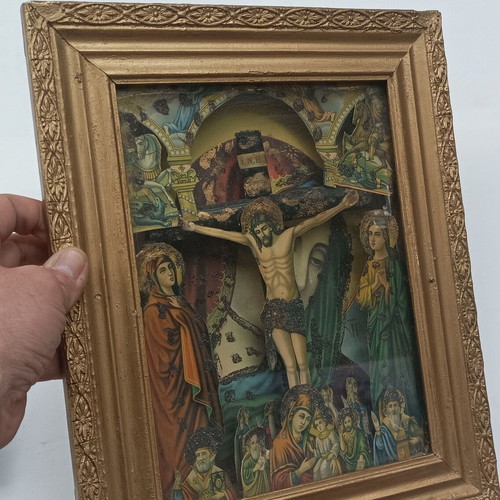 Vintage religious icon used with depth 'The Crucifixion of Jesus' framed with glass