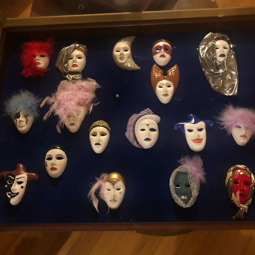 Venetian masks Greek collectible circle, 16 pieces with wooden display case