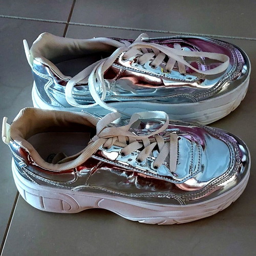Silver Sneakers size 37 like new, chunky sole, synthetic leather