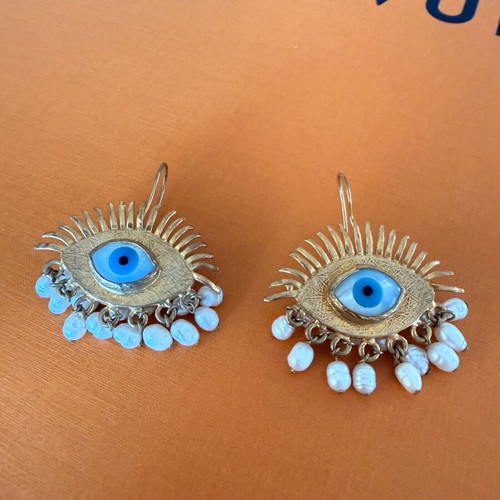 Eye with pearls earrings new, turquoise and gold