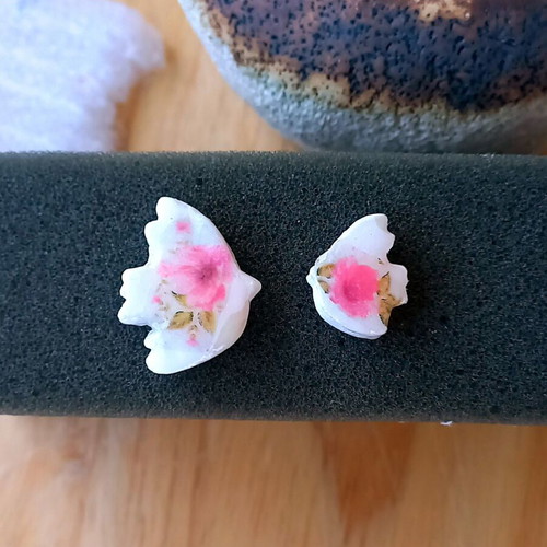 Handmade ceramic earrings with decoupage and glass coating