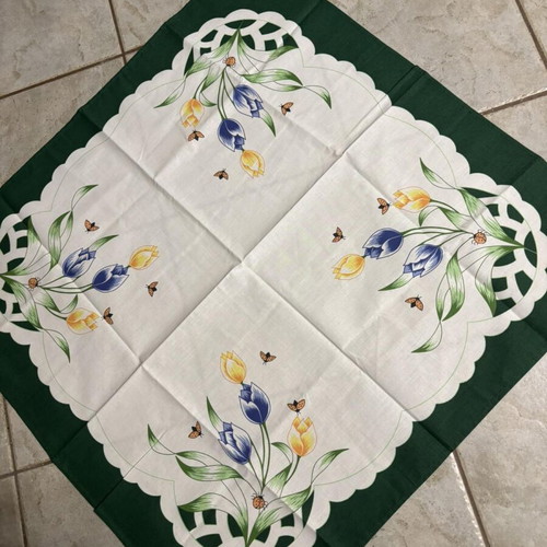 Tablecloth with tulips and butterflies new, 78x79 cm