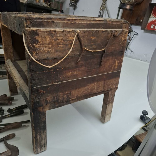 Old wooden cobbler bench with 30 tools used, rare museum set
