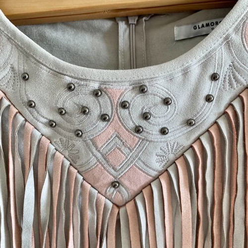 Glamorous dress with fringes new, suede light gray with pink Small