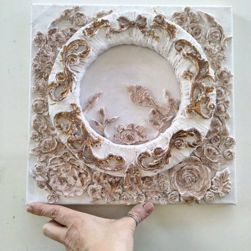 Handmade Mixed Media Relief Canvas Baroque Vintage Style 30x30 cm