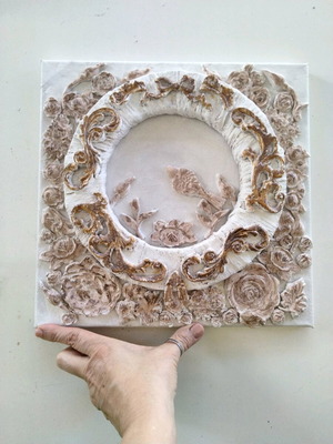Handmade Mixed Media Relief Canvas Baroque Vintage Style 30x30 cm