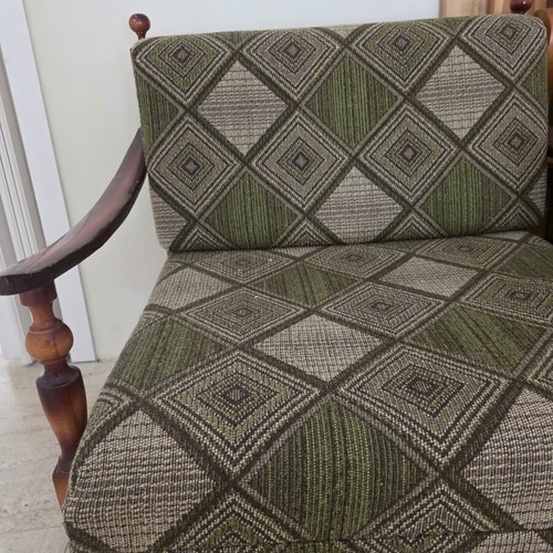Vintage wooden armchair bed like new with green checkered pattern