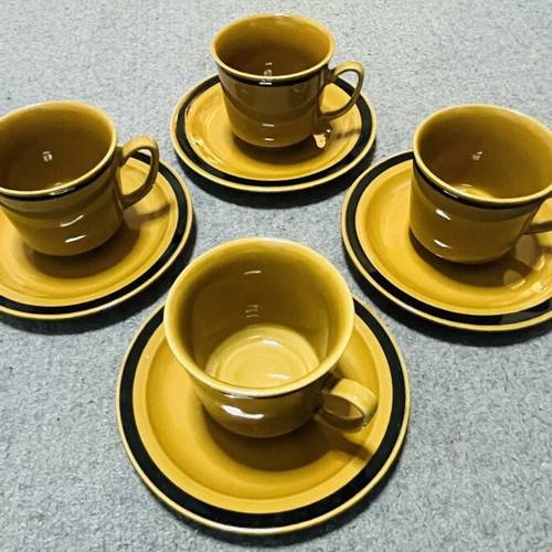 Retro ceramic cup set used, 4 pieces mustard yellow with black rim