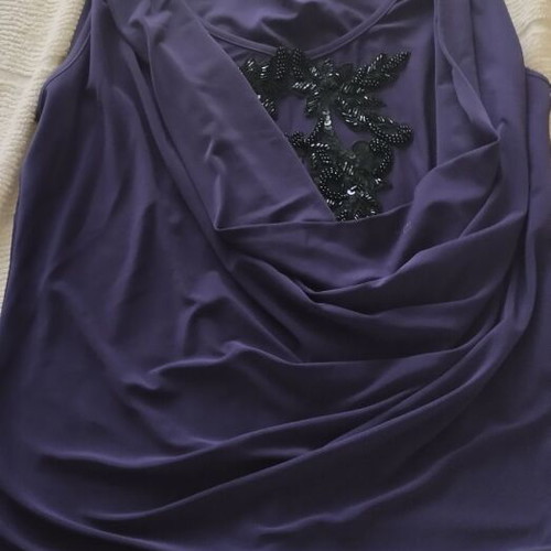 Bill Cost blouse like new, draped purple with embroidered black beads, size M