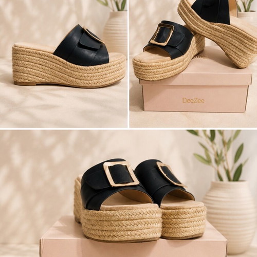 Espadrilles platform sandals Alta Moda like new, black with gold buckle