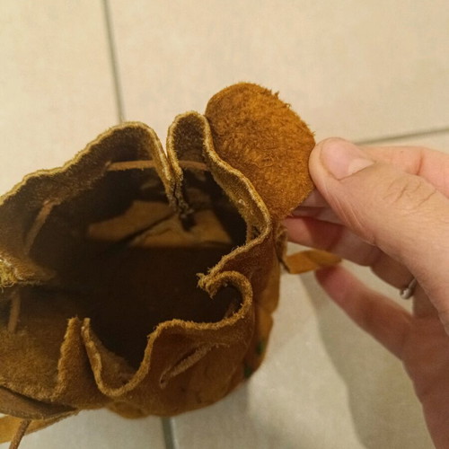 Small suede leather pouch brown used with handmade painting