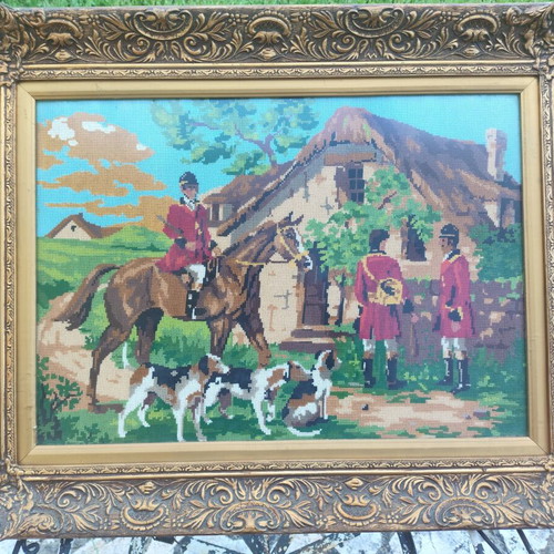 Embroidered panel English hunting scene like new 1.20x1