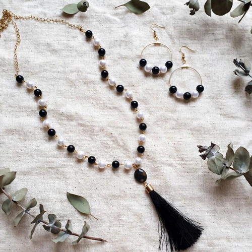 Handmade black and white beaded tassel necklace and earings