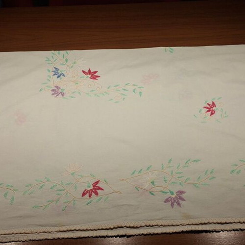 Vintage tablecloth with multicolored embroidered flowers, 133x128 cm