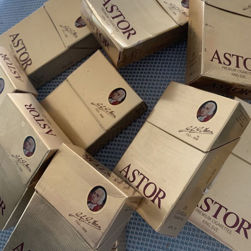 Astor empty cigarette packs used, pack of 10 from 1982