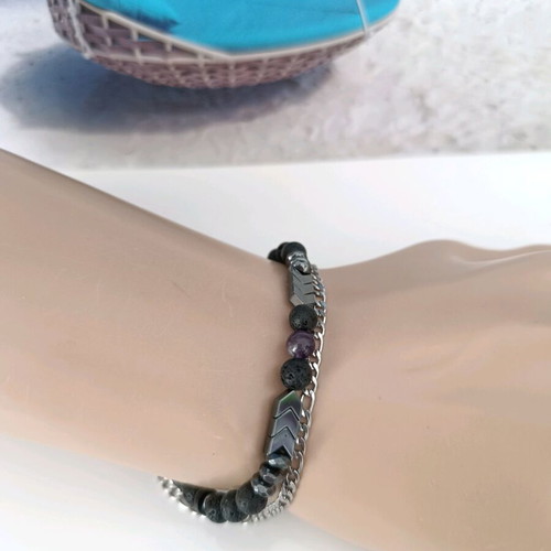 Unisex Bracelet Set with Steel Figaro Chain & Black Semi-Precious Stones