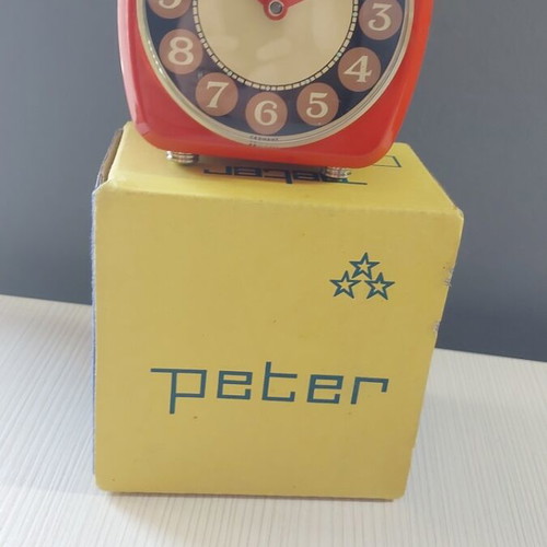 Peter vintage metal alarm clock, new in box, 1960s