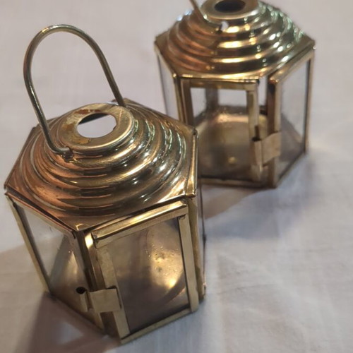 Small brass hexagonal lanterns for tealights used, set of 2