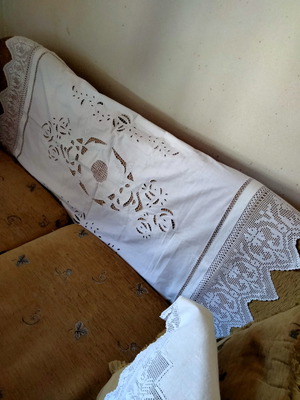 Table runner with crocheted lace and handmade cutwork table linen new