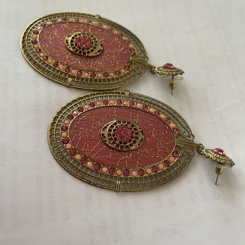 Vintage Statement Earrings in Antique Gold Tone with Fuchsia Pink Crystals like new