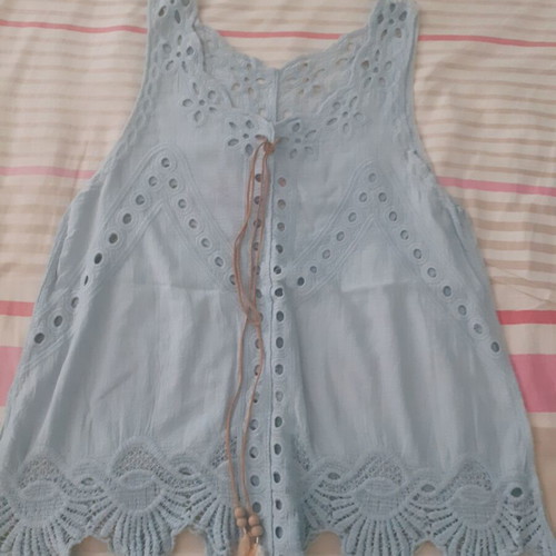 Summer blouse new, blue with decorative feather