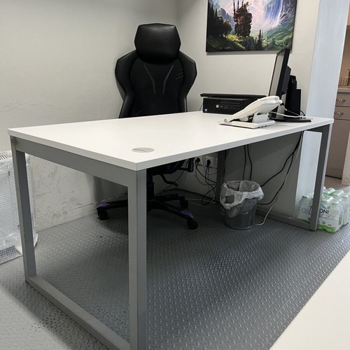 Business desk with white surface and gray metal frame like new